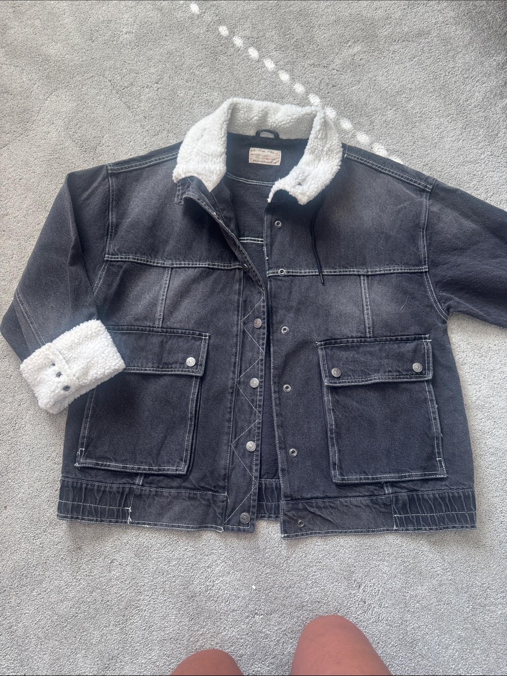 We The Free Black Denim Jacket with White Sherpa Collar